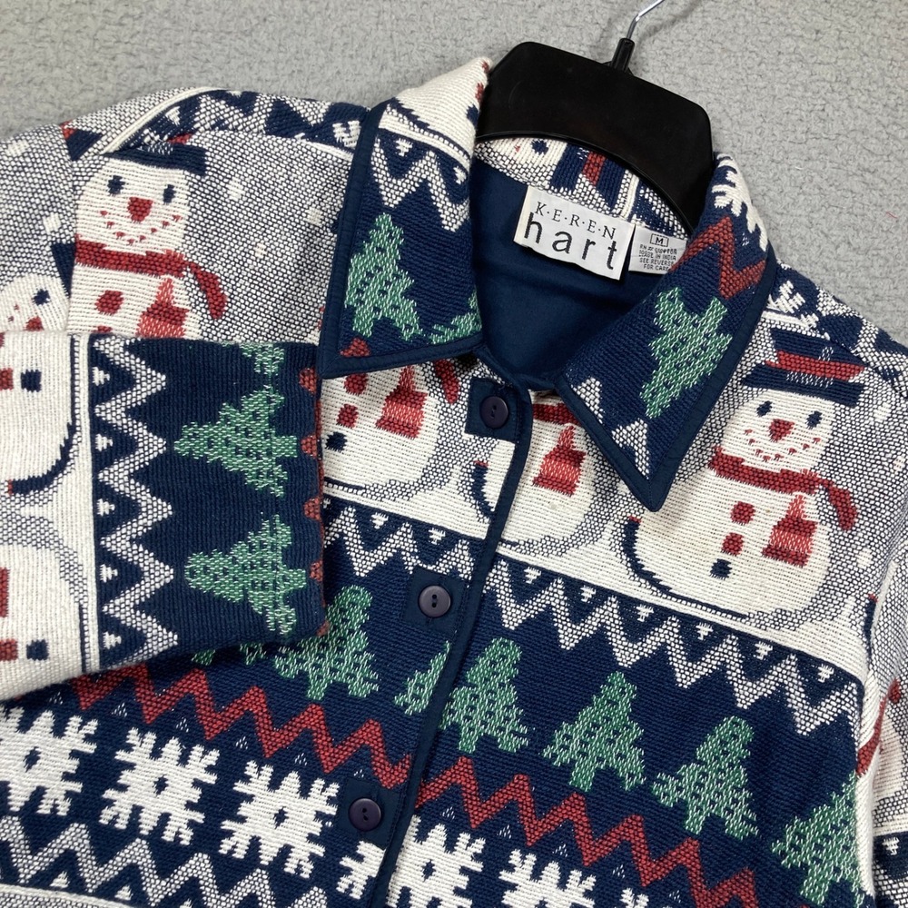 Vtg Keren Hart Tapestry Jacket Women Medium Blue Snowman Christmas Holiday Woven